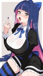 absurdres black_dress blue_bow blue_bowtie blue_hair blue_thighhighs bow bowtie breasts bright_pupils close-up close_up close_up_face close_up_view closeup closeup_view collared_shirt colored_inner_hair commentary_request dress drooling face_close-up face_close_up face_closeup face_focus female green_eyes grey_background hairbow highres juliet_sleeves large_breasts long_hair long_sleeves looking_at_viewer middle_finger mouth_close-up mouth_close_up mouth_closeup multicolored_hair open_mouth open_mouth_tongue-out open_mouth_tongue_out panty_&_stocking_with_garterbelt pink_hair puffy_sleeves saliva shiguren_39 shirt simple_background solo stocking_(psg) stocking_anarchy striped_clothes striped_thighhighs teeth thighhighs tongue tongue_out tongue_out_open_mouth upper_teeth_only very_long_hair white_pupils white_shirt