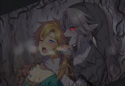 1boy1girl ai_art ai_generated almond_eyes aroused bare_thighs black_nails black_sclera black_skin black_tongue blood blue_eyes blush choking corrupted corruption crossdressing dark_aura dark_link dark_skin drooling ear_licking earrings female female_on_femboy femboy femboysub femdom feminine_male feminization flushed girly glowing_eyes golden_hair halloween hand_around_neck hand_around_waist hand_on_neck horror hylian hylian_ears link link_(breath_of_the_wild) link_(tears_of_the_kingdom) long_hair long_nails luxica male malesub moaning neck_grab nintendo novelai one_eye_closed open_mouth opened_mouth phrygian_cap pleasure_face pleasured red_eyes selfcest tattoo the_legend_of_zelda trap tunic twink uncensored white_hair