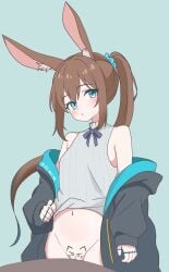 absurdres amiya_(arknights) animal_ear_fluff animal_ears aqua_background aqua_eyes aqua_jacket arknights bare_shoulders blue_ribbon blush brown_hair clothes_lift commentary_request do_you_want_to_pet_my_cat_(meme) drawn_ears drawn_eyes drawn_whiskers eggplant7217 female grey_shirt hair_between_eyes highres jacket long_hair looking_at_viewer meme multicolored_jacket navel neck_ribbon off_shoulder open_clothes open_jacket parted_lips ponytail pussy rabbit_ears rabbit_girl ribbon shirt shirt_lift sidelocks simple_background sleeveless sleeveless_shirt solo table two-tone_jacket upper_body