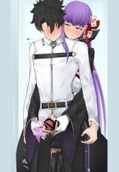 1boy 1girls bb_(fate) black_hair blush clothed clothing cum ejaculation faceless_male fate/grand_order fate_(series) fujimaru_ritsuka_(male) gloved_handjob gloves handjob happy heart light-skinned_female light-skinned_male light_skin nose_blush purple_eyes purple_hair sirosoil smile spoken_hearts tissue white_gloves