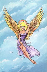 1girls angel angel_girl angel_halo angel_wings blonde blonde_hair cherry_poptart cherry_poptart_(comic) clouds flying flying_saucer gold_wings halo larry_welz masturbation pose posing purple_dress purple_robe rainbow sky straight_hair tagme ufo winged_humanoid wings