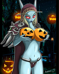 amourvorer big_breasts blizzard_entertainment blue_skin breast_grab breasts erect_nipples female female_only hallow's_end halloween large_breasts looking_at_breasts nipples painted_breasts red_eyes solo sylvanas_windrunner undead undead_(warcraft) warcraft world_of_warcraft