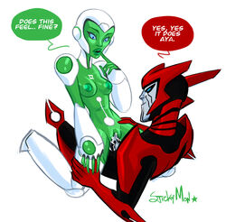 aya_(green_lantern) blue_eyes cyborg dc female green_lantern green_lantern:_the_animated_series green_skin male razer_(green_lantern) red_lantern red_lantern_corps robot robot_girl ship stickymon uncensored