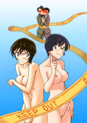 2boys 2girls artist_request black_hair blush breasts brown_hair covering covering_breasts covering_crotch detective_conan duo_focus female glasses human keep_out large_breasts miwako_sato ninzaburo_shiratori nipples nude pale-skinned_female pale_skin policewoman pussy short_hair sumiko_kobayashi teacher wataru_takagi wide_hips