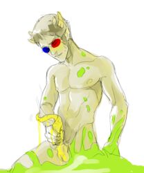 1boy balls black_hair glasses grey_skin homestuck horns masturbation ms_paint_adventures naked nipples pointy_ears sharp_teeth short_hair slime sollux_captor solo tentabulge troll white_background