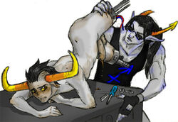 2boys amputee ass black_hair blush brown_eyes clothing equius_zahhak fingerless_gloves fingernails gay grey_skin homestuck horns ms_paint_adventures nail_polish naked penis pointy_ears screwdriver sharp_teeth short_hair sunglasses tavros_nitram troll white_background yellow_nails