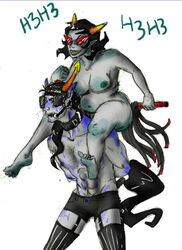 1boy 1girls black_hair boxers breasts chubby closed_eyes collar dialogue equius_zahhak glasses grey_skin headgear homestuck horns ms_paint_adventures muscular_male naked nipples pointy_ears riding short_hair stockings straight sweat tail teal_scales terezi_pyrope text troll whip white_background