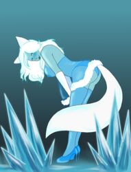 adventure_time animal_ears bent_over blue_legwear blue_skin blue_theme blush breasts carnivorouscandy elbow_gloves eyeshadow female gloves hair high_heels ice ice_queen_(adventure_time) legwear lingerie long_hair makeup nipples see-through solo tail thighhighs white_hair