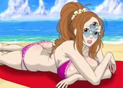 3_eyes ass ass_cleavage barefoot beach bikini blue-tinted_eyewear breasts brown_eyes brown_hair butt_crack charlotte_pudding cleavage female female_only glasses heart heart-shaped_eyewear highres large_breasts lipstick long_hair looking_over_eyewear looking_over_glasses looking_over_sunglasses lying makeup multi_eye one_piece orangekissess ponytail risenhentaidemon sand shiny shiny_skin sunbathing sunglasses sweat swimsuit tinted_eyewear water