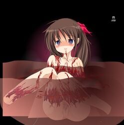 avulsion beige_skin bleeding blood blood_stain blue_eyes brown_hair closed_mouth color eyes female female_only fia_flover front_view gore guro hair hanakanmuri incision injury long_hair mouth nudity open_eyes skin solo tear vulva wound