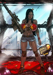 1girls abs absurd_res armwear belt big_breasts breasts cleavage dark-skinned_female dark_skin duke_nukem_(series) female female_only firearm footwear full_body ganassa gun highres huge_breasts human legwear muscular muscular_female native_american neckwear nipple_bulge rifle short_shorts sniper_rifle solo suppressor weapon wristwear