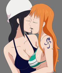 akayuki-zero bikini black_hair breasts cleavage dress dressrosa female female_only human kissing long_hair multiple_females nami nico_robin one_piece orange_hair post-timeskip striped_bikini sunglasses tattoo yuri