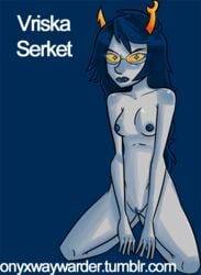 1girls black_hair blue_background blue_eyes blue_lips blue_nipples breasts color fangs glasses grey_skin homestuck horns long_hair looking_at_viewer ms_paint_adventures naked nipples onyxwaywarder pussy pussy_juice solo troll vriska_serket