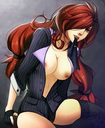 5-ish black_legwear black_panties breasts crime_city_miss_fortune debonair_series fiveish gloves hair_over_one_eye league_of_legends long_hair miss_fortune nipples open_clothes panties pinstripe_pattern pinstripe_suit red_eyes red_hair suit thighhighs undressing