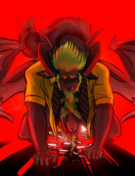 2013 bgn black_fur blonde_hair chest_hair clothed clothing crouching demon eyewear fur glasses glowing_eyes hair half-dressed hirsute horn looking_at_viewer male male_only necktie onyx_(character) onyx_wasson onyxtanuki open_clothes open_shirt penis pink_nose precum red_eyes shirt solo tanuki wings