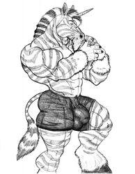 abs ass balls biceps big bulge cigar clothing equine facial_hair goatee horn hybrid male male_only muscles pecs penis pose shorts smoking solo sudonym unicorn zebra