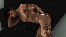 1boy 3d abs brown_hair human kurtis_trent looking_at_viewer male male_only nipples nude solo tattoo text tomb_raider