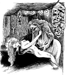 2girls black_and_white drawn evil_grin fingering hag indoors nude_female old_woman older_woman_and_younger_girl rhea_of_the_coos skull skulls stephen_king susan_delgado the_dark_tower yuri