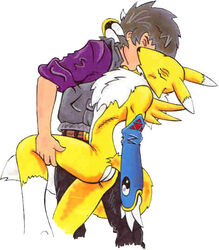 anthro artist ass closed_eyes clothes color compression_artifacts digimon female fur furry furry_ass furry_ears furry_tail hair human interspecies kissing lowres male marker_(artwork) nude renamon renatamer simple_background straight tail traditional_media_(artwork) white_fur yellow_fur