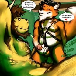 anthro balls blazingcheecks bovine canine cattle cum dialog english_text fox fur furry furry_only gay hat heart horn male nipples no_humans penis text