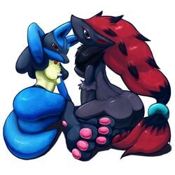 1:1 2girls 3_toes anthro ass barefoot black_fur black_hair blonde_fur blue_eyes blue_fur breasts brown_eyes closed_mouth color female female_lucario female_only female_zoroark fur furry furry_ass furry_breasts furry_ears furry_tail grey_fur hair hand_behind_head interspecies long_hair lucario multicolored_hair multiple_females nude pointy_ears pokemon pokemon_(species) red_hair sitting spike tail tongue tongue_out white_background zoroark