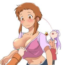 3girls accidental_circumstance accidental_exposure accidental_pervert amano_yukiteru artist_request belly blush blush_lines blushing breast brown_eyes brown_hair collarbone exposed_breast female_only hino_hinata mirai_nikki multiple_girls navel nipples nonosaka_mao nosebleed one_breast_out purple_hair