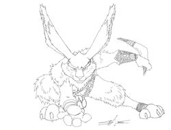 athletic balls big_ears big_penis boner boomerang bracers bunnymund crouching easter_bunny easter_egg erection gift humanoid_genitalia humanoid_penis leather_armor looking_at_viewer male_only monochrome penis_out play rabbit sheath smile solo solo_male veiny_penis weapon