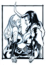 2girls amora_the_enchantress asgardian cleavage female finger_in_mouth huge_breasts human human_only lady_loki light-skinned_female light_skin marvel marvel_comics monochrome multiple_girls tagme thor_(series) yuri