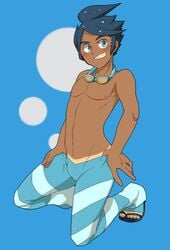 1boy atochi blue_background color human kneeling male male_only marlon_(pokemon) nipples pokemon simple_background solo tagme tan tanline topless video_games