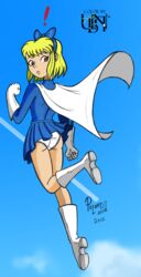 blonde_hair boots brown_eyes cape captain_galaxia dress flying gloves panties poland_(artist) ubnt upskirt zor_and_the_invincibles