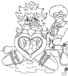 clothes crown drinking empty_(artist) female glasses hair human long_hair male mario_(series) monochrome nintendo nude princess_peach short_hair sitting tagme