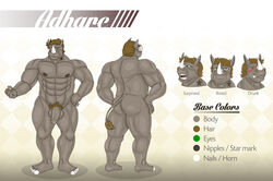 abs adharc anthro ass balls begami biceps big_butt big_muscles blush color_scheme drunk green_eyes grin looking_at_viewer male male_only mammal model_sheet muscles pecs penis plain_background pose pubes rhinoceros solo text uncut