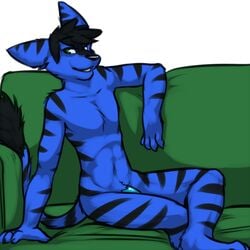 1boy 2014 anthro black_fur black_nose black_stripes blue_fur blue_penis fur green_eyes hair hindpaw lombax male male_only mammal mojo nude paws penis ratchet_and_clank short_hair sitting smile sofa solo stripes swizzlestix uncut video_games