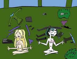 2girls beige_skin breasts clothing color crossed_legs dawn_(tdi) exposed_breasts female female_only front_view gwen_(tdi) hair human human_only humanoid meditation multiple_females multiple_girls nipples nudity outdoors sitting skin total_drama:_revenge_of_the_island total_drama_island vulva white_skin