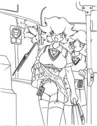 bus casual_nudity clothes empty_(artist) exhibitionism female female_only hair human long_hair mario_(series) monochrome multiple_females nintendo no_panties princess_daisy princess_peach standing tagme vulva