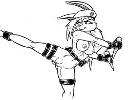 anthro breasts female female_only hop_(film) illumination_entertainment kicking lagomorph monochrome nipples nunchaku pink_beret_(character) pussy rabbit raised_leg solo stylewager tagme universal_studios vulva