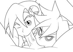 2girls collaborative_fellatio crossover lucky23 monochrome panty_&_stocking_with_garterbelt panty_anarchy tengen_toppa_gurren_lagann yoko_littner