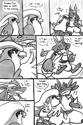 2012 black_and_white comic english_text erection female haychel lucario male monochrome nintendo penis pidgeot pokemon pokemon_(species) straight text