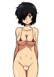 1futa areola areola_slip balls bikini bikini_top black_eyes black_hair bottomless breasts cleavage curvy futa_only futa_sans_penis futanari genital_mutilation hair_over_one_eye hips intersex karsarutobi_asumaru large_breasts micro_bikini navel nazo_no_kanojo_x penectomy short_hair swimsuit urabe_mikoto