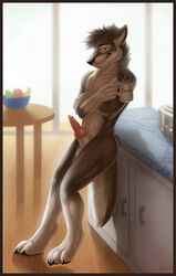 anthro canine fruitbowl fruits fur furry kitchen male male_only mug penis solo table testicles text toaster wolf zambuka