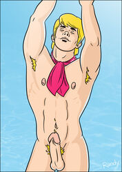 1male armpit_hair armpits arms_above_head ascot balls ballsack blue_background closed_eyes erect_nipples erection fred_jones hanna-barbera male male_only nude penis presenting_penis pubic_hair randyslashtoons scooby-doo seductive_look solo standing testicles uncensored