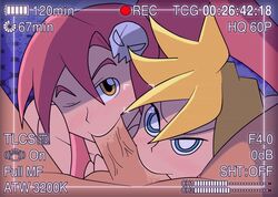 2girls collaborative_fellatio crossover fellatio lucky23 multiple_girls panty_&_stocking_with_garterbelt panty_anarchy recording tengen_toppa_gurren_lagann yoko_littner