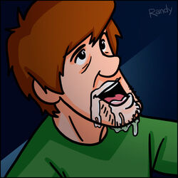 1male brown_hair cock_hungry cum cum_dripping cum_in_mouth cum_on_face facial_hair gay green_shirt hanna-barbera looking_up male_only open_mouth pleasure_face randyslashtoons scooby-doo shaggy_rogers smile