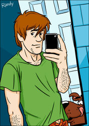 brown_hair erection_under_clothes facial_hair green_shirt hanna-barbera looking_at_viewer male_only open_fly penis_out penis_shaped_bulge randyslashtoons scooby-doo scooby-doo_(character) selfie shaggy_rogers tongue_out underwear