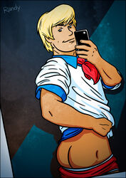 1boy ascot ass cellphone_camera fred_jones hanna-barbera male male_only mooning pants_down presenting_ass randyslashtoons scooby-doo selfie shirt_lift