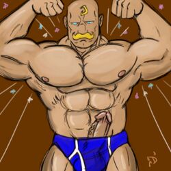 1boy alex_louis_armstrong bara clothes color demona_(artist) erection facial_hair flexing front_view fullmetal_alchemist hair human male male_only moustache muscles penis sketch solo topless yellow_hair