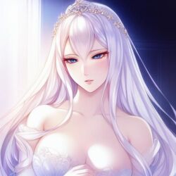 ai_generated big_breasts crown female glowing oc original_character queen royal shoulderless_dress white_dress white_hair