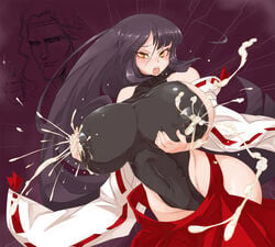 ahe_gao areolae bare_shoulders black_hair blush breast_hold breast_lift breasts bursting_breasts covering covering_breasts crossover detached_sleeves erect_nipples female gigantic_breasts hakama hakama_pull hakurei_miko headband japanese_clothes lactation large_areolae leotard long_hair m.u.g.e.n mound_of_venus nipples nontraditional_miko open_mouth plump puffy_nipples rekise saliva sideboob sweat thumbs_up tight_clothes touhou very_long_hair wide_hips wide_sleeves yellow_eyes