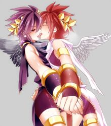 2boys black_hair black_hair_bottom blush brown_hair brown_hair_on_black_hair brown_hair_top dark_pit domination femboy gay girly holding_hands izumo_(artist) kid_icarus kissing light_hair_on_dark_hair male_only pit_(kid_icarus) spats tagme wings yaoi