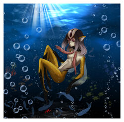 1girls blue_submarine_no._6 breasts female grey_hair humanoid long_hair marine mutio solo underwater yellow_skin